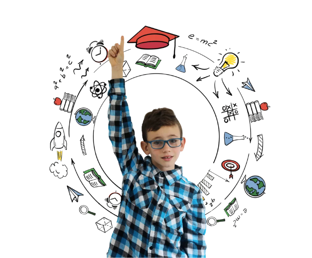 Imagem ilustrativa de um garoto dominando conhecimentos acadêmicos através do aprender e saber